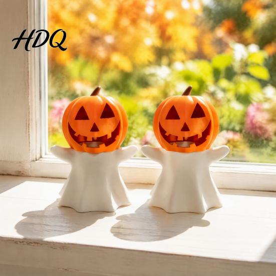 Zucca Decorativa Portacandele Fantasma di Halloween LED Elettronico Supporto Decorazione Festa Autunnale Ornamento Stampato 3D per Festa Casa