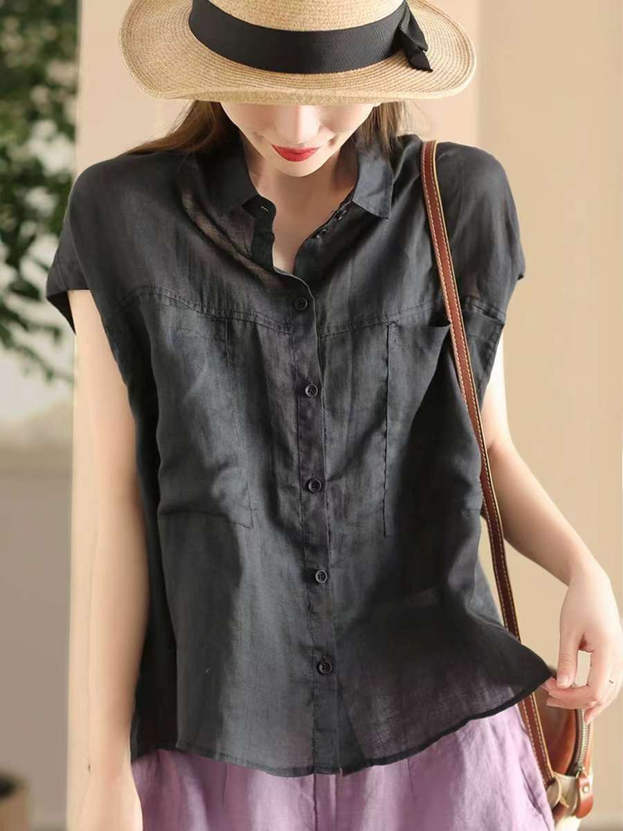 

Johnature Женские однотонные рубашки без рукавов с отложным воротником и пуговицами Летние карманы Женские винтажные блузки Топы One Size чёрный