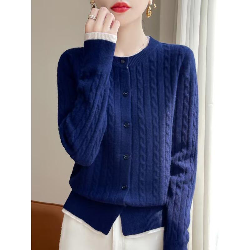 

Вязаный кардиган с цветными блоками, женский круглый воротник, свободный свитер, куртка, трикотажная верхняя часть, низ, рубашка XXL темно-синий/белый