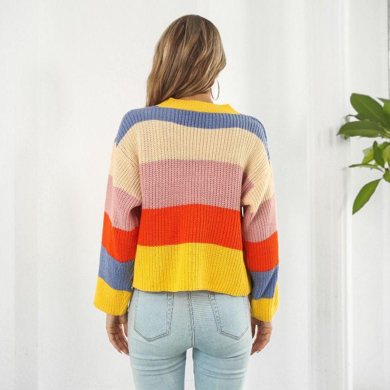 Cross-Border Fashion Fall and Winter New Product V-neck Color-Block Rainbow Cardigan Sweater Loose Short Coat Stripes Long Sleeves Knitwear
