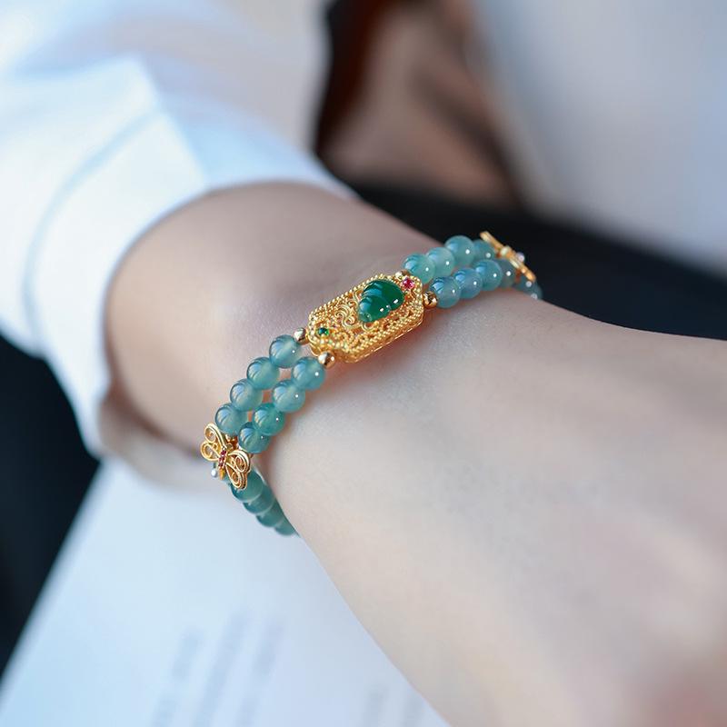 Natural A-Grade Jade Blue Water Abacus Bead Bracelet with 925 Silver Plated Gold Accessories in Chinese Style