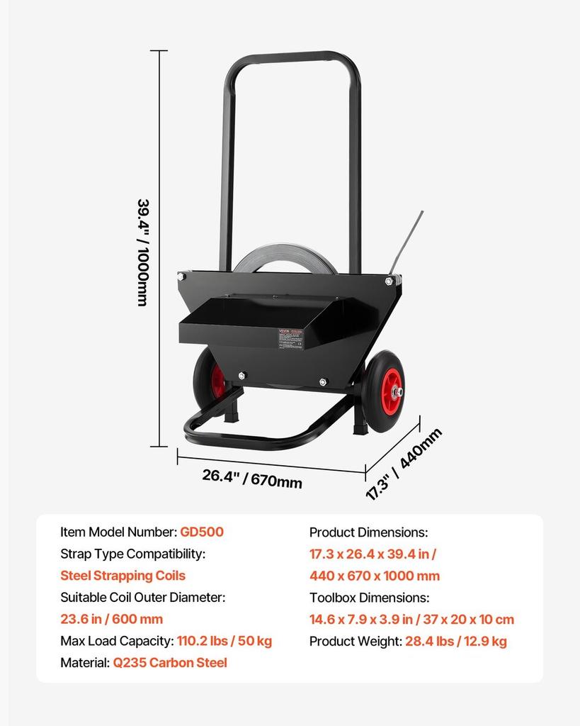 Banding Strapping Cart, Fit for Steel Strapping Coils with 600 mm Core Outer Size, Heavy Duty Strapping Dispenser with Rubber Wheels, Suitable for
