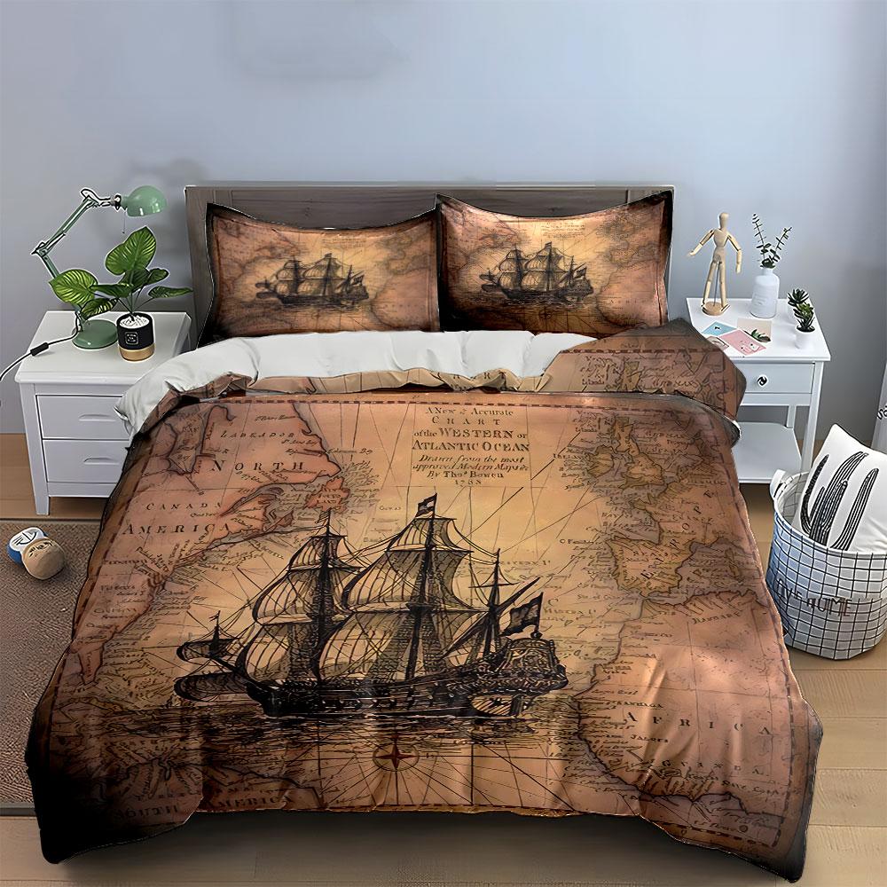 Vintage Ship & Map Design Bedding Duvet Cover Set Duvet Cover Pillowcases  (1*Duvet Cover 2*Pillowcases, Without Duvet Insert)