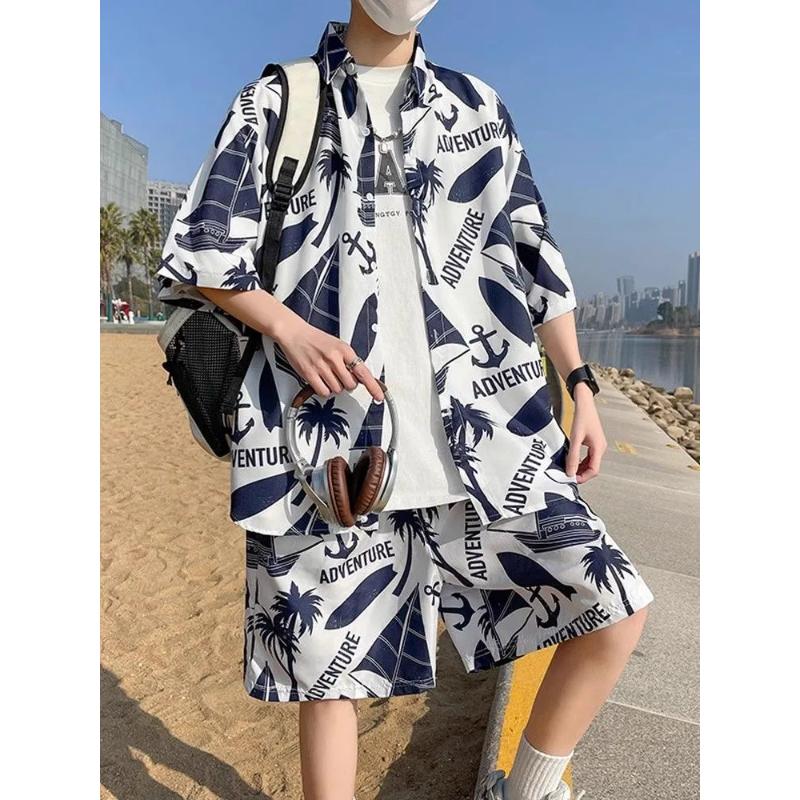 Travel Casual Men's Beach Pants Ice Silk Quick-drying Floral Shorts Seaside Resort Floral Shirt Hawaiian Suit