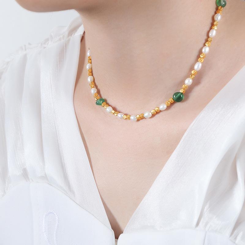 Natural Pearl & Steel Bead Patchwork Necklace with Stone Fairy Charm - Versatile Clavicle Chain Jewelry for Women