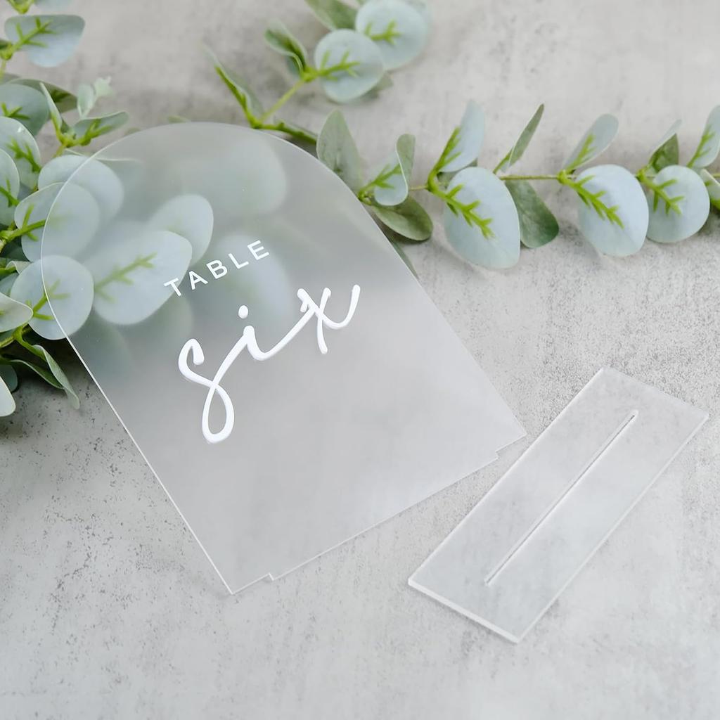 Frosted Arched Wedding Table Numbers 1-10 with Stands, 5x7 Inch Acrylic Arch with White Numbers, 3D Acrylic Table Numbers for Wedding Reception