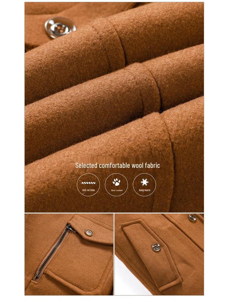 European Style Woolen Double Collar Men's Windbreaker – Vertical Zipper, Thickened Plus Size for Autumn/Winter.