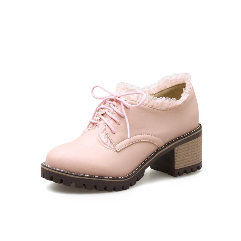 

Женские туфли на высоком каблуке — простые и универсальные, весенние и осенние туфли на толстом каблуке большого размера со шнуровкой и низким голенищем. 43 розовый