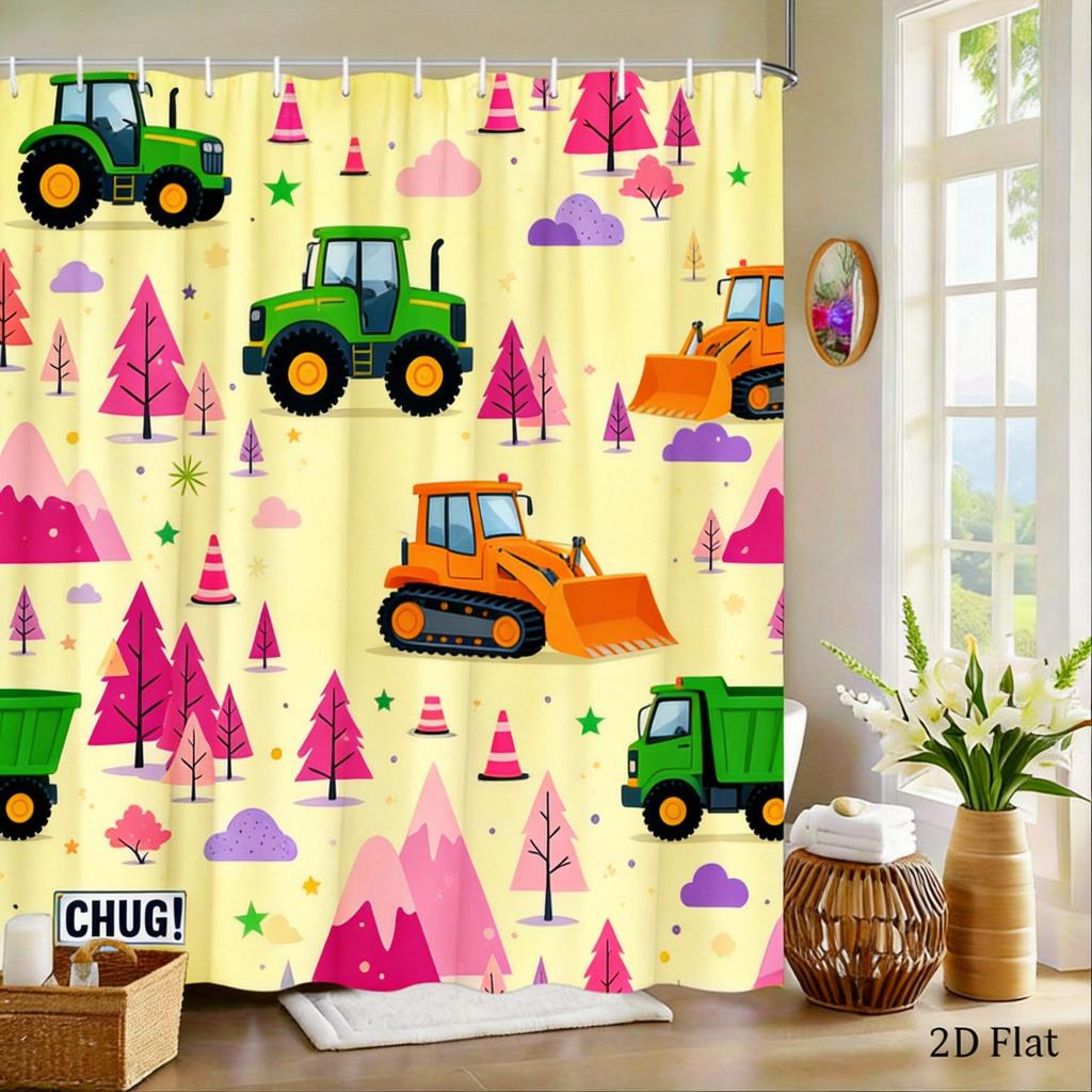 Construction Truck Shower Curtain Yellow Excavator, Dump Truck & Bulldozer On White, Kids' Bathroom Decor For Boys And Toddlers