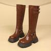 New retro brown western cowboy boots  belt buckle knee long boots thick-soled high knight boots