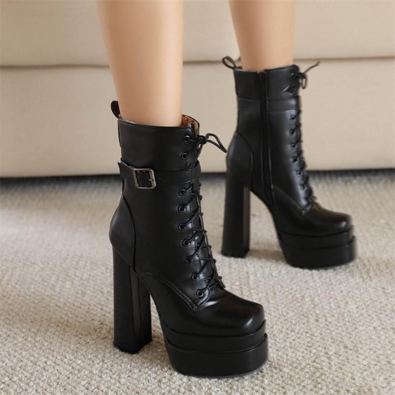 Womens Winter Chunky Sole Square Toe Platform Martin Boots Side Zip Mid-Calf Fashion Black White Beige