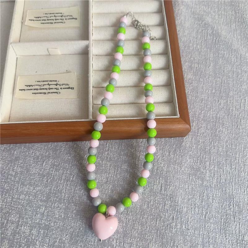 Fashion Cute Candy Color Heart Pendant Resin Beaded Choker Necklace For Women Girls Trendy Goth Vintage Aesthetic Accessories