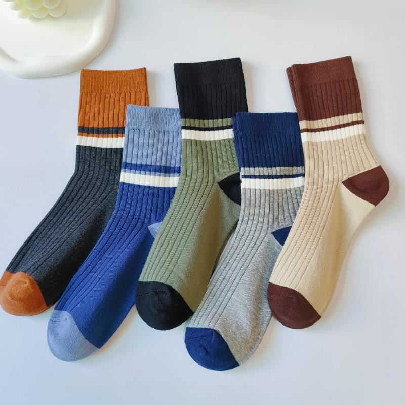 Men's Thickened Cotton Mid-Calf Socks - Warm, Sweat-Absorbing, Breathable Sports Striped for Teens In Autumn/Winter