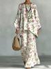 French pastoral rose and green leaf print round neck top and wide-leg trousers