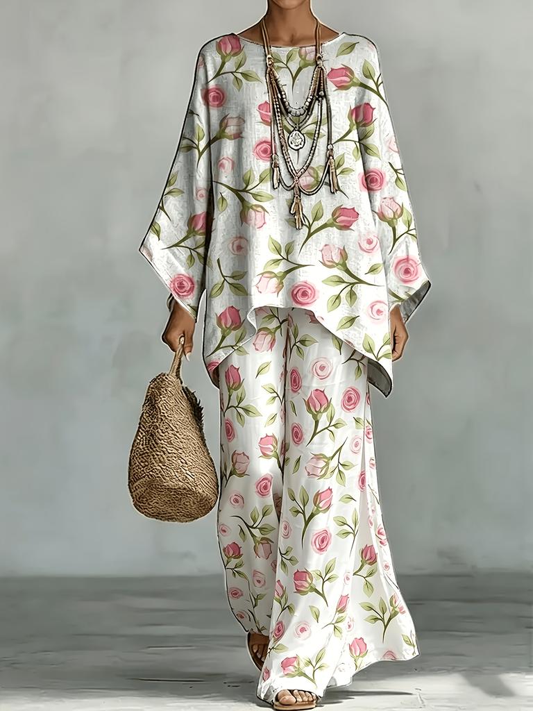 French pastoral rose and green leaf print round neck top and wide-leg trousers