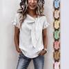 Womens Casual Solid Color Round Neck Short Sleeve Bow Knot T Shirt