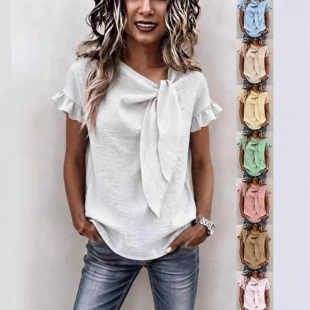 Womens Casual Solid Color Round Neck Short Sleeve Bow Knot T Shirt