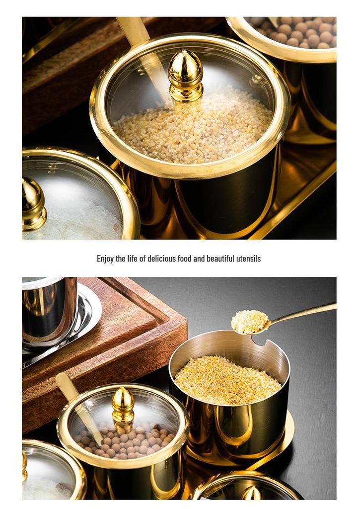 Luxury Korean 304 Stainless Steel Spice Jars: Salt & Oil Jar with Spoon, Gold Accent