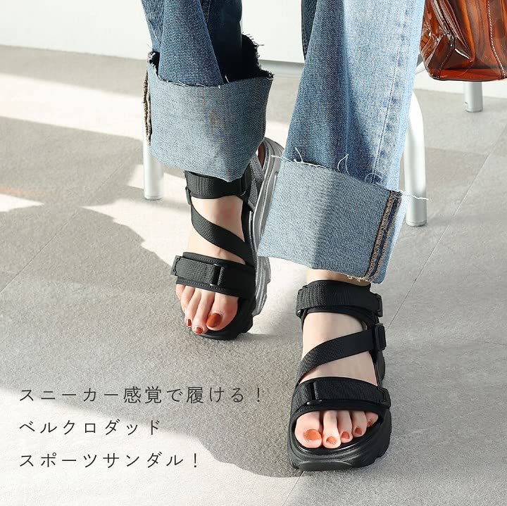 Vivian Sports Sandals with and Thick Size M Women's Straps, Velcro, Soles, V45510SM, Beige, (23.0-23.5)