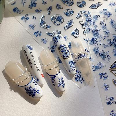 Blå Vit Porslin Kinesisk Stil Klistermärke 3D Självhäftande Nail Art Klistermärke Blomma Silverbaksida Självhäftande Manikyr Dekal Salong DIY