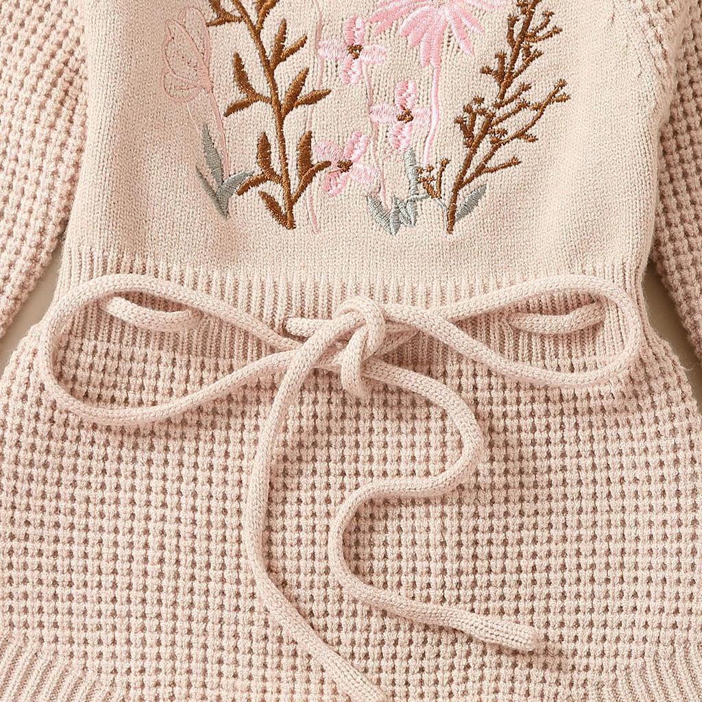 Baby Girls Waffle Sweater Rompers Flower Embroidery Crew Neck Long Sleeve Drawstring Infant Fall Toddler Clothes Bodysuits