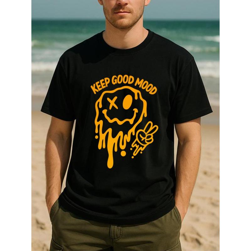 

European sizes Trendy Cartoon Smiling Face Men S Print Short-Sleeved Shirt | Casual, All-Season, Sweat-Absorbing and Quick-Drying, 4XL чорний