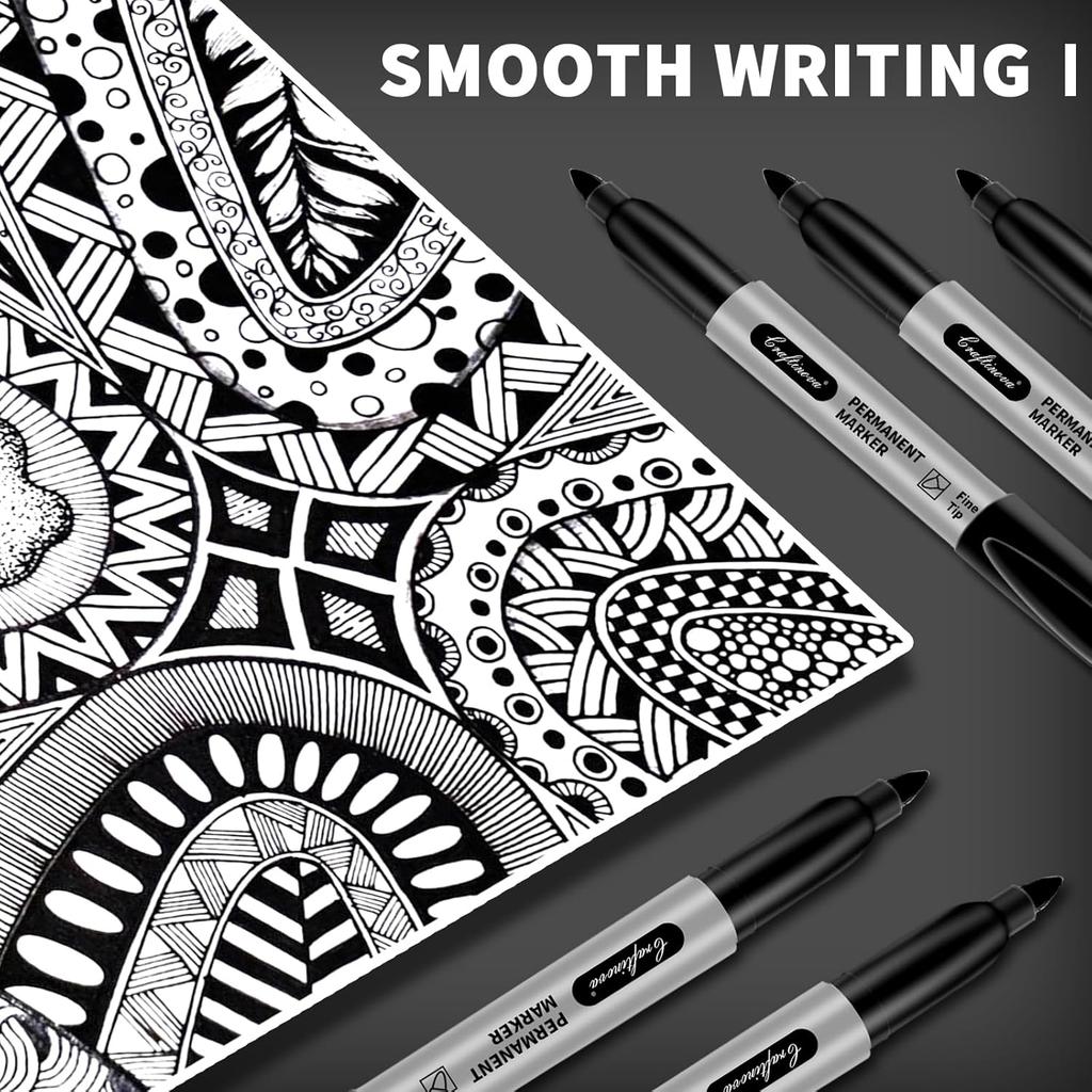 Black Permanent Markers Bulk Fine Point, Fine Tip Markers Set, Quick Drying and Fade Resistant, Works on Wood, Plastic, Paper, Metal for Classroom,