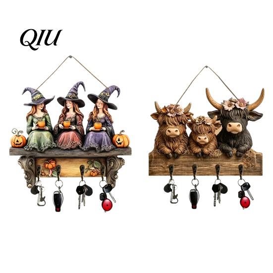 Decoración de Porche Exterior Halloween Entrada Colgador de Llaves con 4 Ganchos, Cartel de Madera Colgante, Estante de Decoración Interior para Montar en Pared para Llaves Bolsos y Correas,