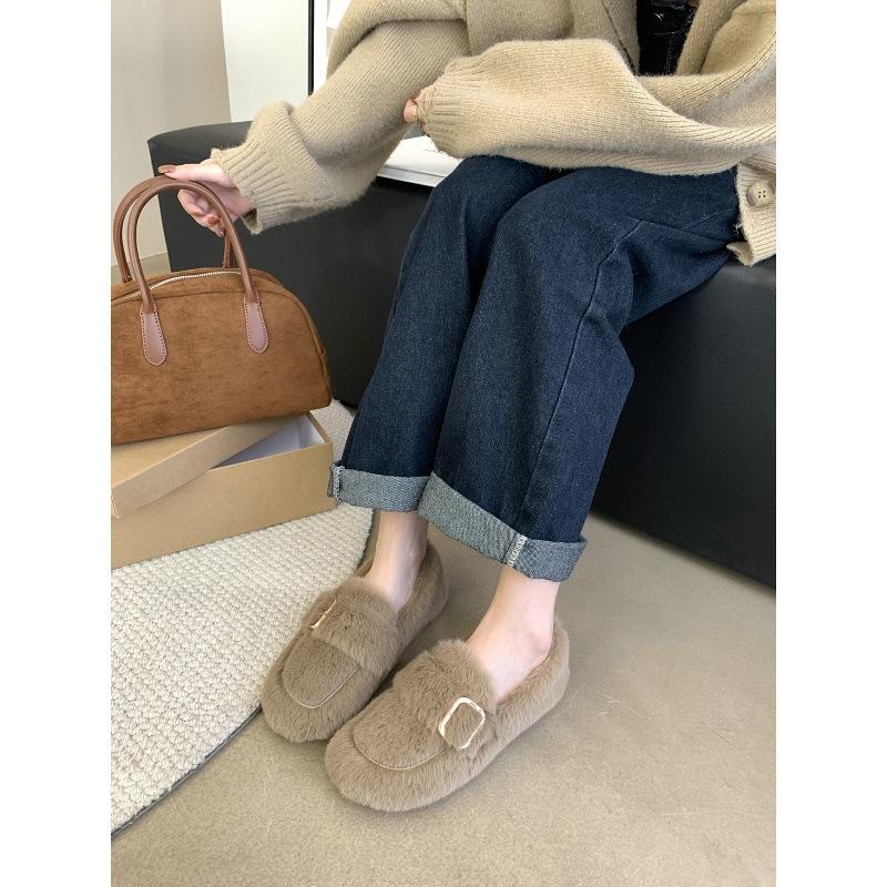 Internet Celebrities Pedal Fluffy Shoes Piled Warm Mink Wool Cotton Shoes Doudou Single Shoes