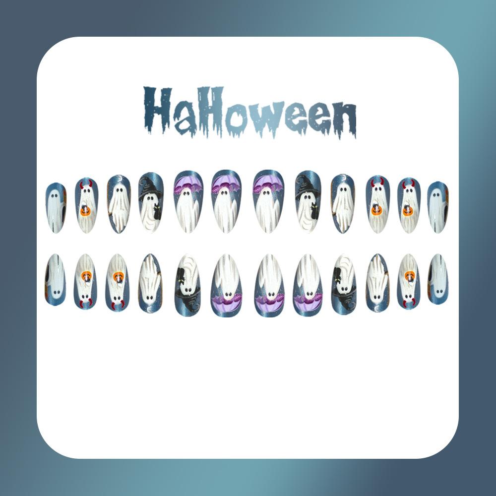 24pcs Halloween Nails Press On Cat Eye Ghost Fake Nails Almond Shape Cute Spooky Nail Art with 1 Jelly Glue and 1 Nail File