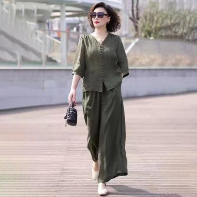 Casual 2 Piece Outfit for Women 45720 Sleeve Button Down Shirt Wide Leg Pants