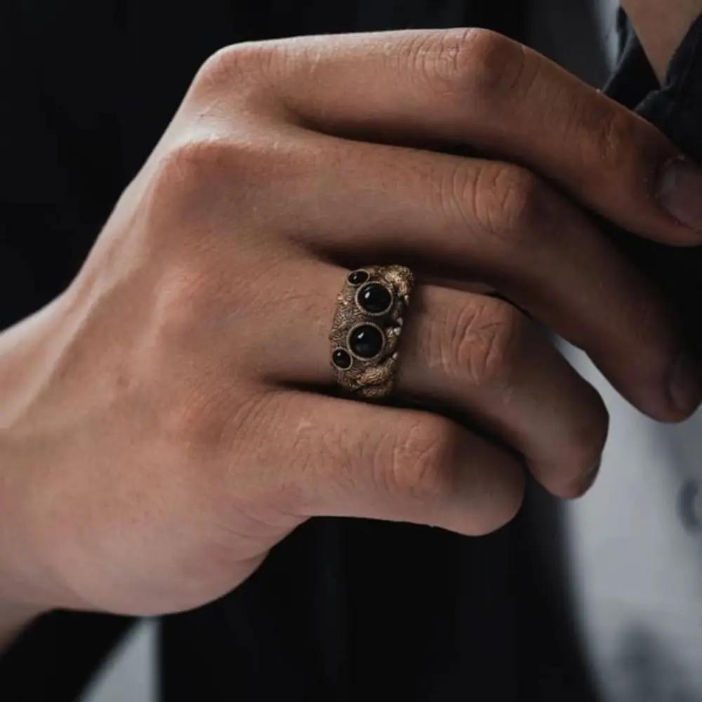 Schwarzer Achat Springspinne Ring Personalisierter Galvanisierter Kupfer Tier Offene Ringe Verstellbare Öffnung Mode Statement Ring