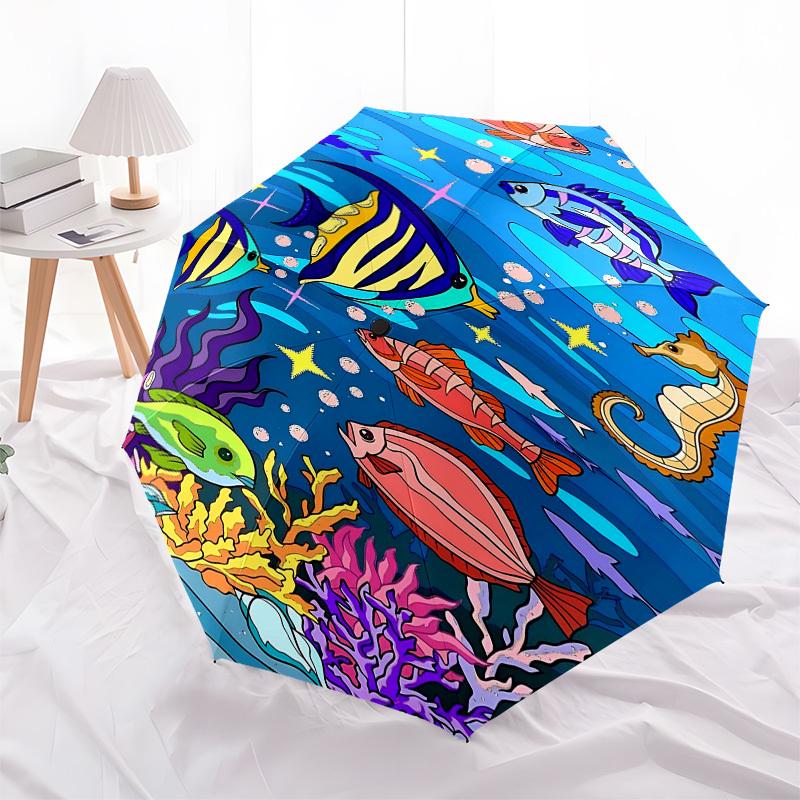 1pc Sea Life oceanicOpen/Close Umbrella-Windproof, Compact Travel Umbrella, Sturdy 8-Rib Shaft, Outdoor Accessory, 1043