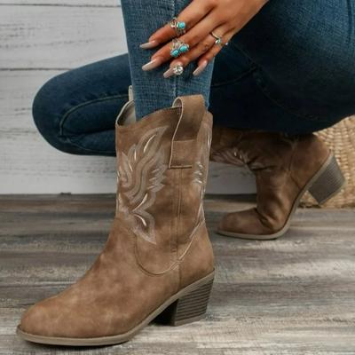 Outono/Inverno Novas Botas de Cavaleiro com Decote em V Manga Bordada Salto Grosso Botas de Cowboy Retro Cano Médio Pontudo Western
