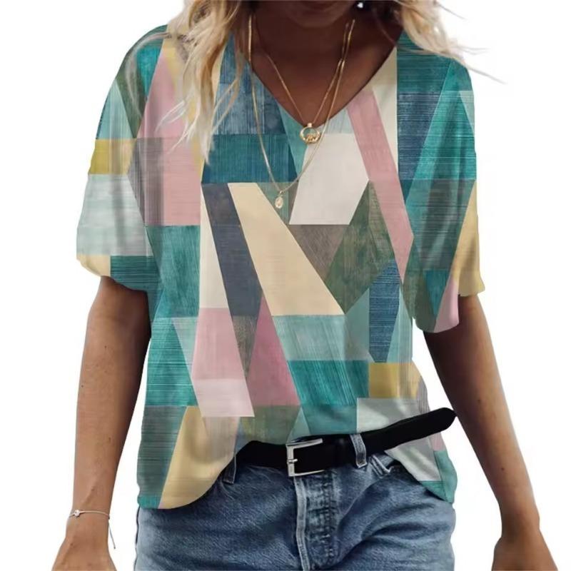 

Fashion Ladies V-neck Elegant Fashion Short Sleeve T-shirt Summer 3d Printing Irregular Printing Loose Tops Multiple Colors 5XL