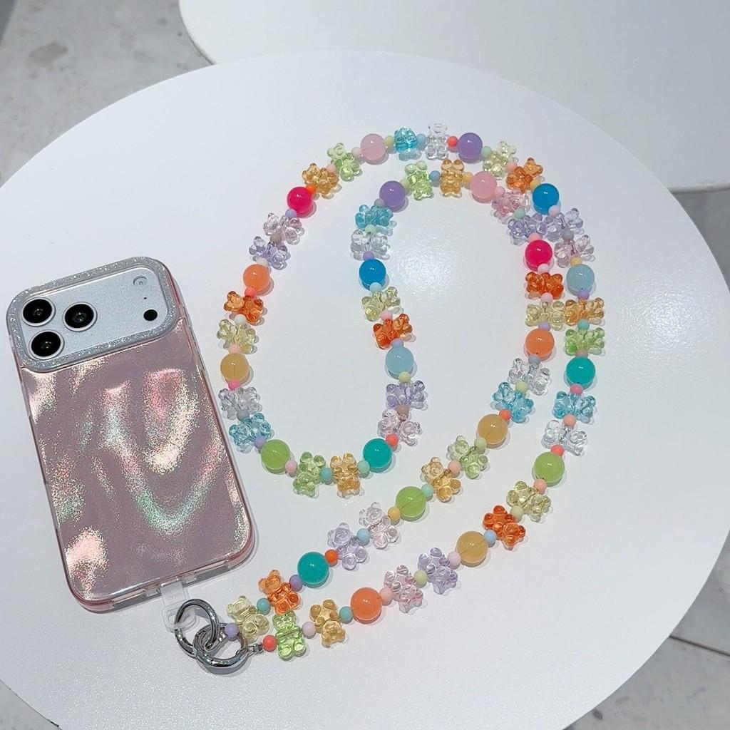 Pvc Color Beaded Bear Crossbody Phone Strap With Crystal Smile For Kids And Adults