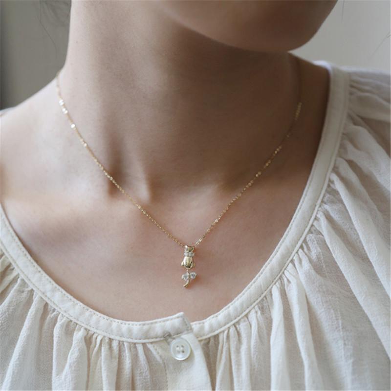 925 Sterling Silver Cute Cat Pendant Clear CZ Bowknot Silver Chain Necklace for Women 14K Gold Plated Fine Jewelry Gift