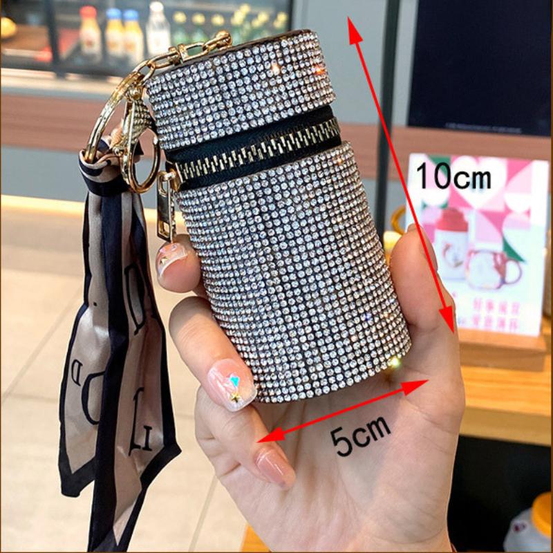 New Cylindrical Stylish Rhinestone PU Mini Lipstick Bag with Silk Scarf  Keychain Portable Coin Purse Women  Accessories Gift