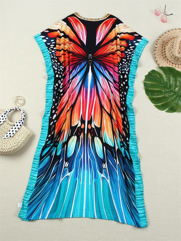 EDOLYNSA Boho Butterfly Print V-neck Plus Size Kaftan Women Vacation Beach Dress 2025 Summer Swimwear Cover Up Loose Cozy Homewear Q1674