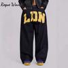 Jean imprimé lettres style streetwear américain RogueWave, coupe droite, pantalon en denim ample de marque tendance