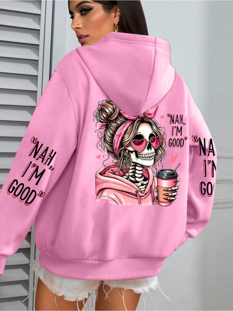 Felpa con Cappuccio da Donna Stampa Teschio Caffè Divertente Vestibilità Larga Pullover da Jogging Pile Autunno Abbigliamento Sportivo Felpa Casual
