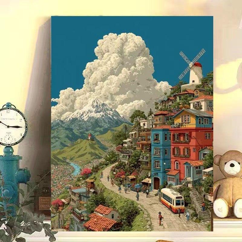 Diy Digital Oil Painting Hayao Miyazaki Style Town Series Hand-Filled Coloring Oil Painting Decompression Cure Decorative Hanging Painting