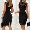 Women Dress Waist Tight Sleeveless with Sequins Lace Stitching Stand Collar Spring