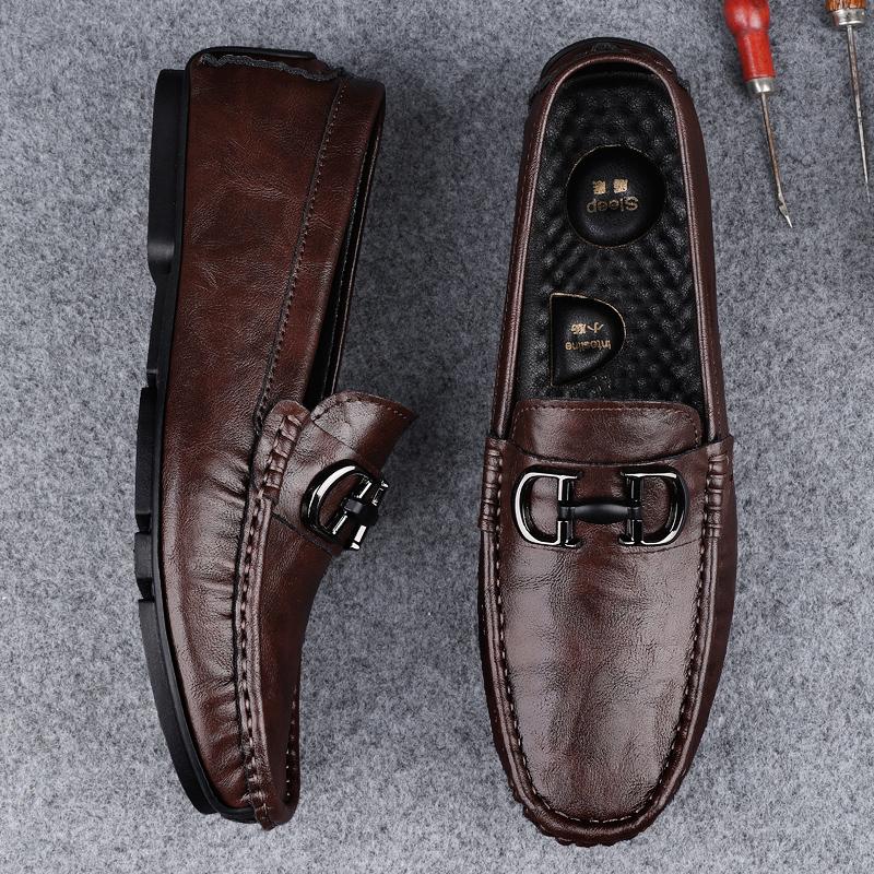 Fashion Fashionable Lightweight Genuine Leather Men's Formal Leather Shoes Handmade Soft Comfortable Non-slip Casual Men's Bean Shoes