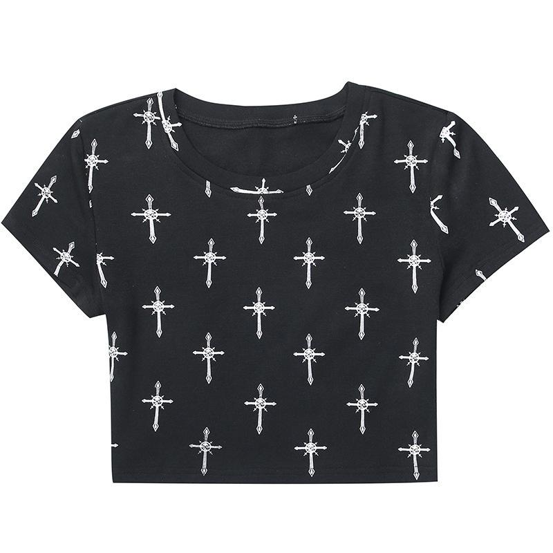 

Европейская и американская мода круглый вырез летний принт облегающий топ в стиле панк для пикантной девушки короткий топ M чёрный