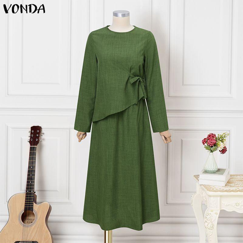 

VONDA Women O Neck Long Sleeve Casual Loose Pleated Layers Maxi Rufffled Dress Robes M зелёный