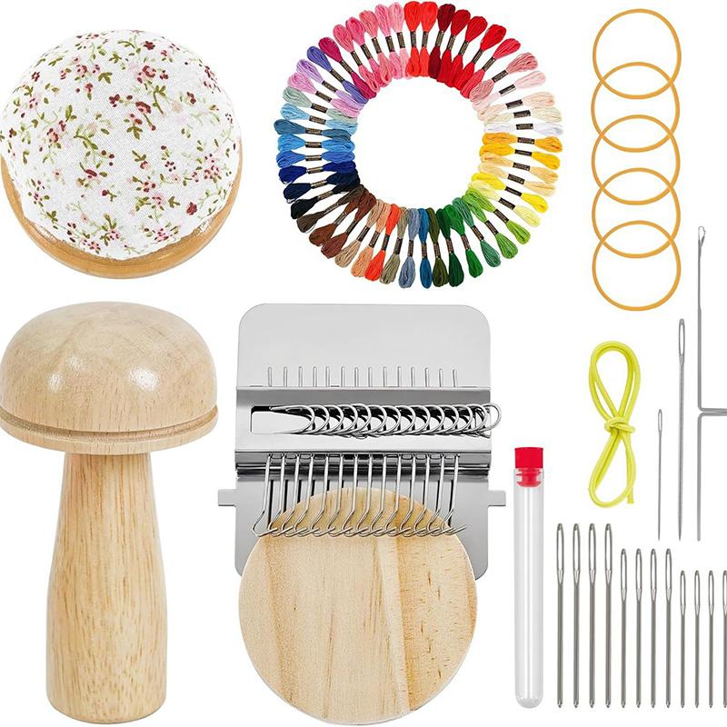 

Mini Darning Loom,Mushroom Knit Patch Kit With 14 Hooks Small Weaving Loom 14 Pcs Large Eye Needles 50 Color Threads as the picture
