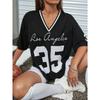 Women's Letter Print V-Neck Short Sleeve T-Shirt Summer Graphic Tee Baseball Jerseys Oversized Sport T-Shirt