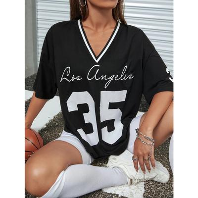 Women's Letter Print V-Neck Short Sleeve T-Shirt Summer Graphic Tee Baseball Jerseys Oversized Sport T-Shirt