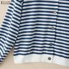 ZANZEA Women Casual Round Neck Long Sleeve Stripe Cardigan Blouse